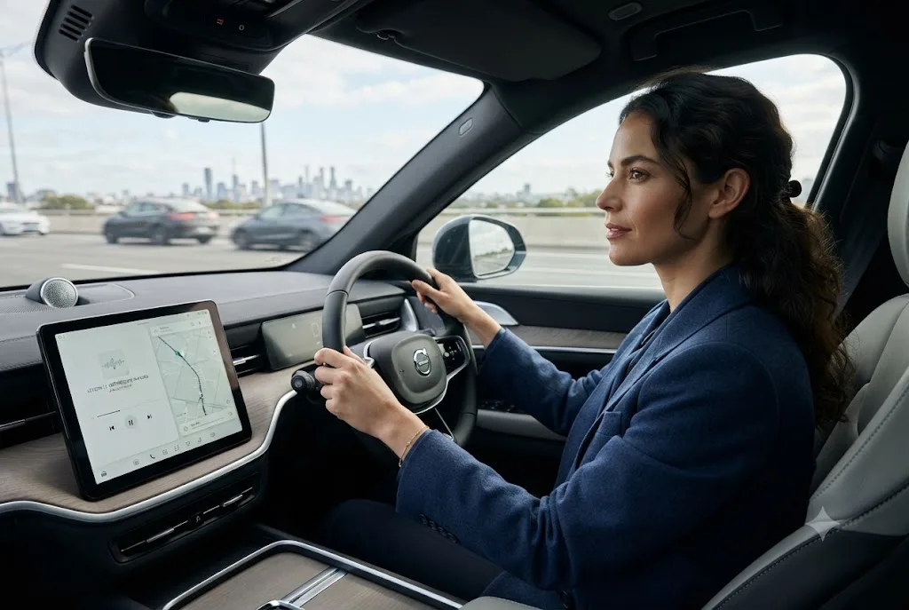 Language learning while driving using audio language learning methodsA commuter improving language skills through educational audio content during a daily drive.