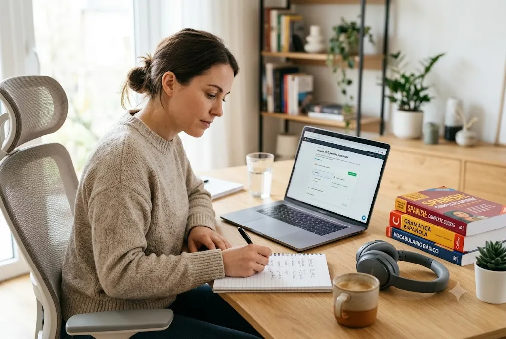 Adult student practicing learning a language as an adult using books and a laptop.