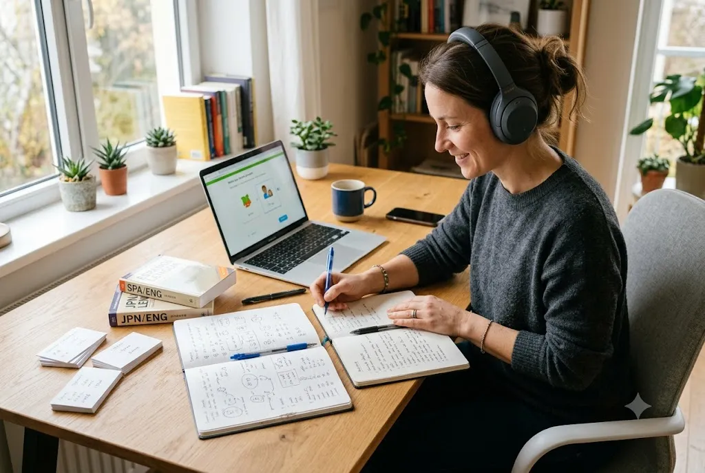 Adult student learning two languages at once using books, notebooks, and a laptop.