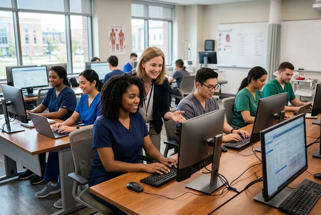 Healthcare students using an educational EHR for digital learning