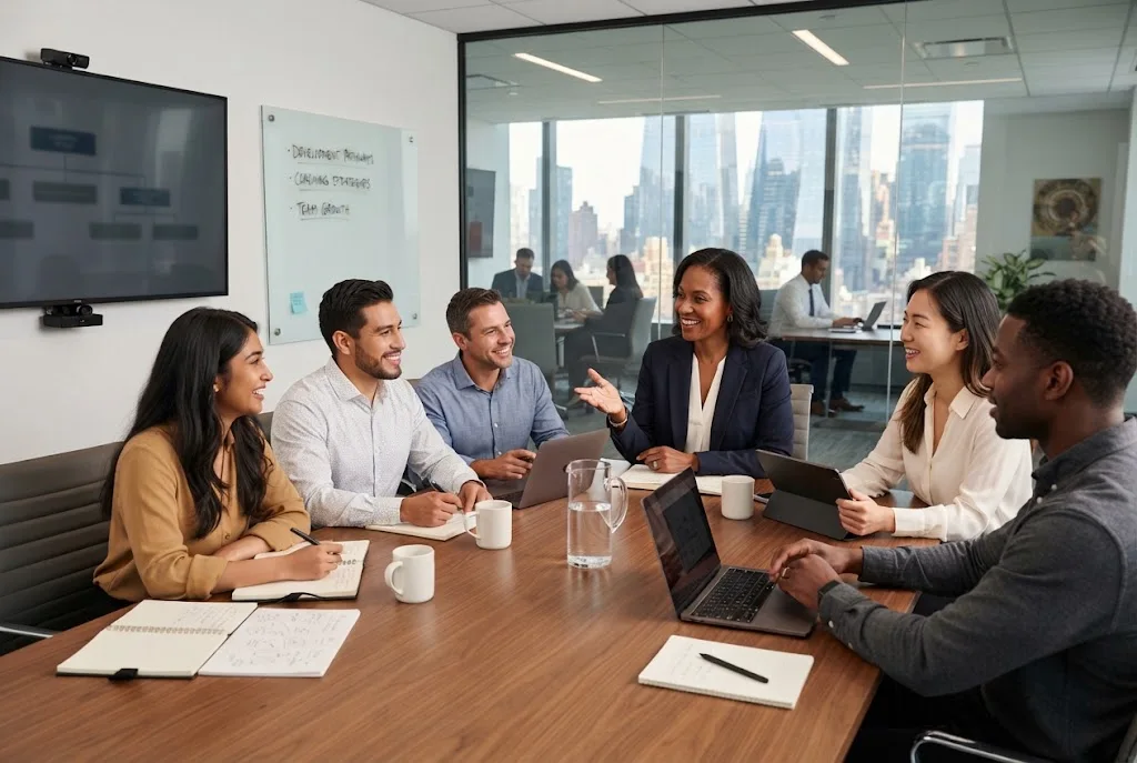 Management development session with a manager coaching workplace professionals