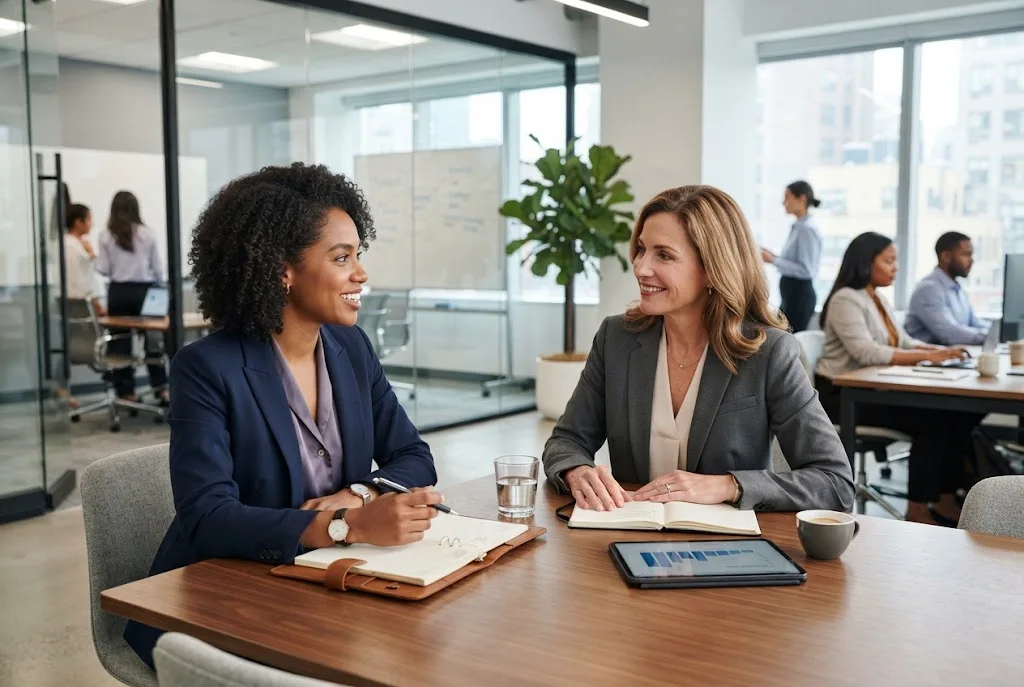 Professional employee discussing promotion opportunities with a manager